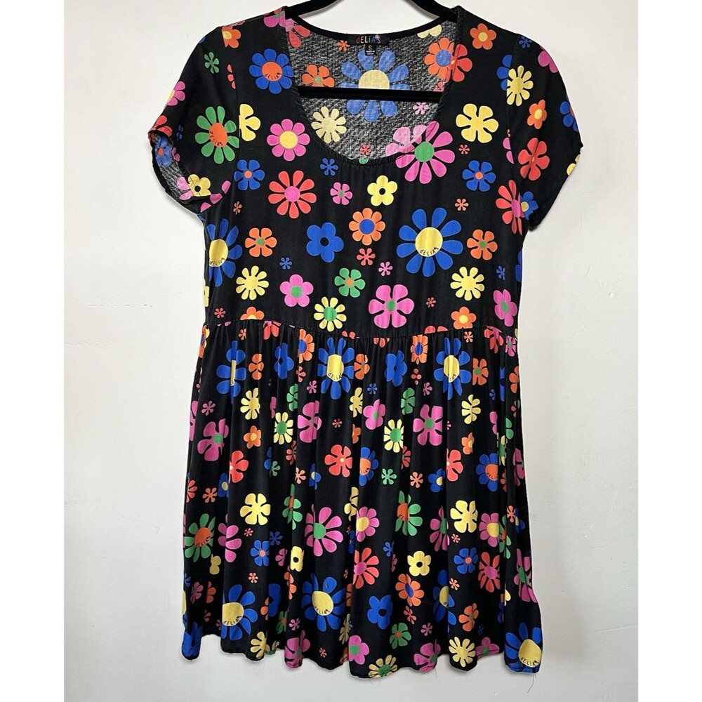 dELiA*s Dolls Kill Black Floral Mini Babydoll Dress Scoop Neck A-Line Small